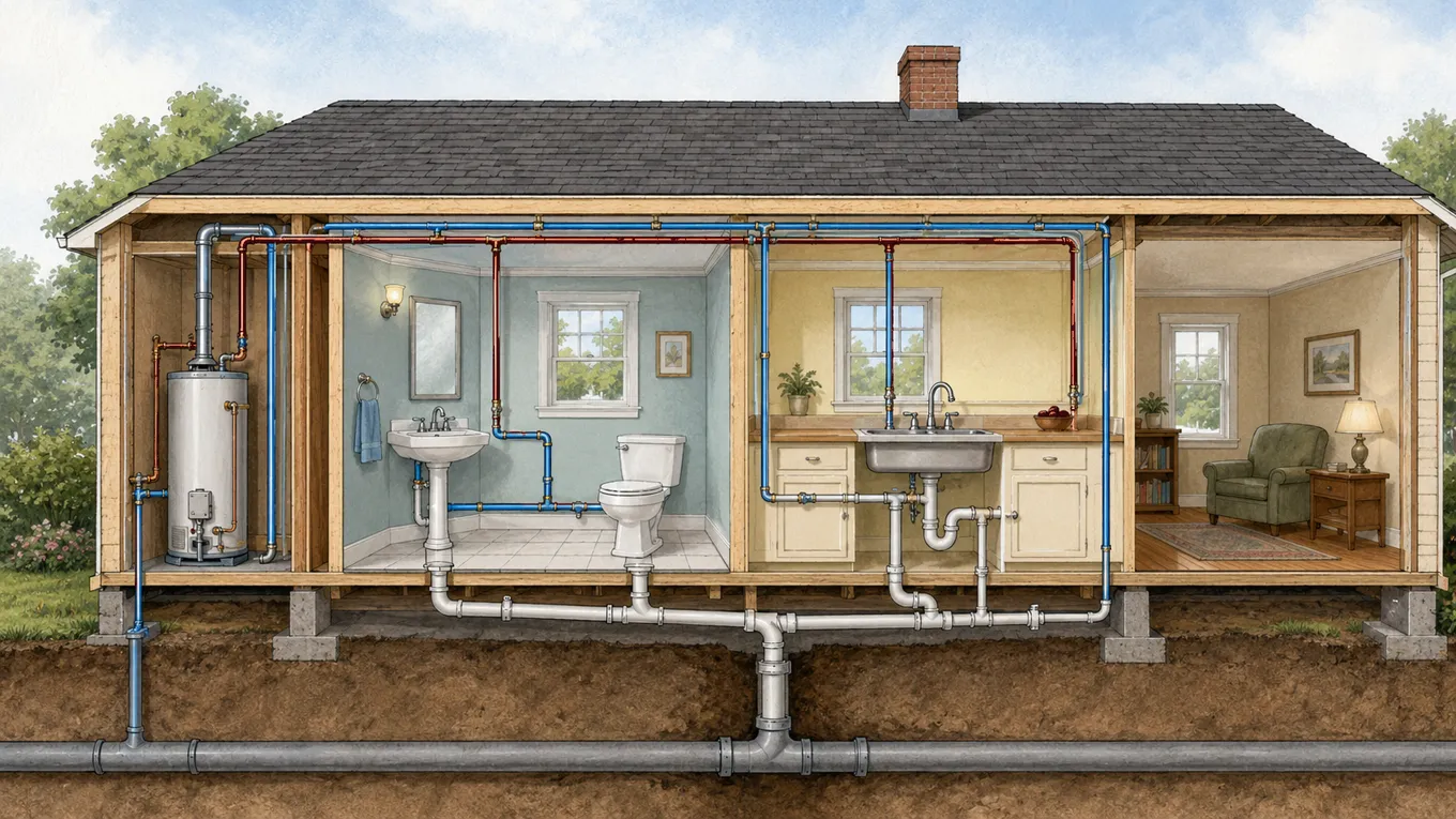 Cutaway drawing of a house showing the water heater, supply lines,
                bathroom and kitchen fixtures, and the drain lines running under the slab