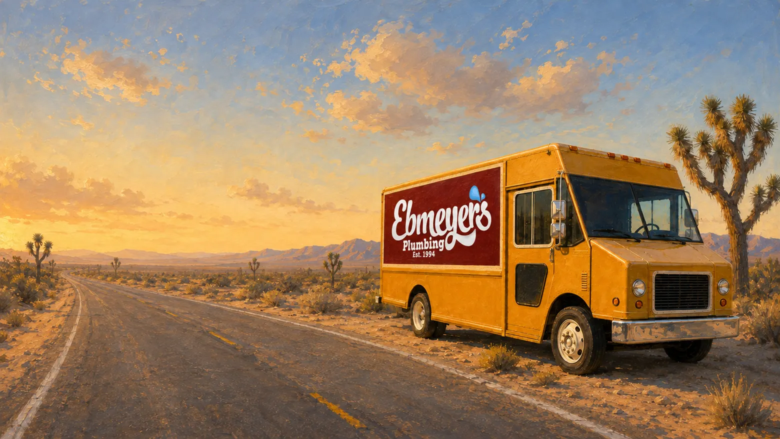 The Ebmeyer's Plumbing truck parked on a High Desert road at sunset
