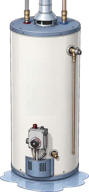 A traditional tank water heater with water pooling at its base